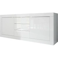 Buffet BASICO 2 Portes 3 Tiroirs Blanc Laqué brillant  - L210xP42xH85,8 cm(m-1)