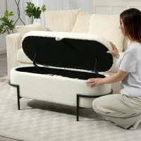 HOMCOM Tabouret de rangement, Tabouret rembourré avec couvercle et espace de rangement, Pieds en acier, Tabouret rembourré avec revêtement en Fleece, Blanc crème(m-4)