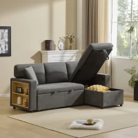 L-Shaped Corner Sofa Bed with Extendable Bed Box, Oxford Fabric Daybed with Integrated Shelf and USB Port, 214L x 131W x 87H cm, Dark Gray(m-8)