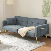 Convertible Sofa Bed with Adjustable Backrest, Sherpa Fabric and Gold Legs, Sleeper Sofa for Compact Rooms, 176L x 64W x 75H cm, Blue(m-5)