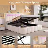 Double Upholstered Bed Frame with Hydraulic Storage and Charging Station, LED Headboard for Modern Homes, 193L x 144W x 116H cm, Beige(m-4)