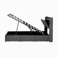 King Bed Frame with Hydraulic Storage and LED Night Light, Linen Upholstered Bed Ideal for Modern Elegance, 202L x 153W x 113H cm, Grey(m-12)