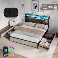 Double Bed Frame with Drawers and RGB LED Lighting, Headboard with Type-C and USB Ports, 207L x 138W x 101H cm, Grey+Rustic Brown(m-7)