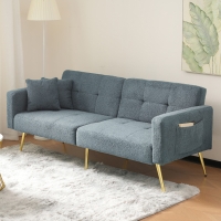 Convertible Sofa Bed with Adjustable Backrest, Sherpa Fabric and Gold Legs, Sleeper Sofa for Compact Rooms, 176L x 64W x 75H cm, Blue