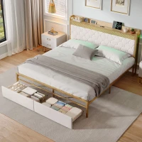 Double Bed Frame with Storage Drawers, RGB LED Headboard, Modern Bed Base for Living Rooms, 207L x 138W x 100H cm, Beige+Chrome(m-8)