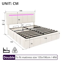 Double Upholstered Bed Frame with Hydraulic Storage and Charging Station, LED Headboard for Modern Homes, 193L x 144W x 116H cm, Beige(m-3)