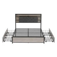 Double Bed Frame with Drawers and RGB LED Lighting, Headboard with Type-C and USB Ports, 207L x 138W x 101H cm, Grey+Rustic Brown(m-11)
