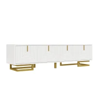 Elegant TV Cabinet with Textured Doors, Golden Handles, Adjustable Feet, Modern TV Stand for Living Room, 160L x 38W x 44.5H cm, White(m-2)