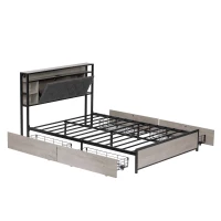 Double Bed Frame with Drawers and RGB LED Lighting, Headboard with Type-C and USB Ports, 207L x 138W x 101H cm, Grey+Rustic Brown(m-12)