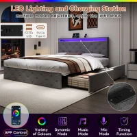 Double Upholstered Bed with Storage Drawers, Adjustable Button Tufted Design, Headboard for Modern Elegance, 200L x 142W x 109H cm, Grey(m-6)