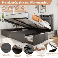 King Bed Frame with Hydraulic Storage and LED Night Light, Linen Upholstered Bed Ideal for Modern Elegance, 202L x 153W x 113H cm, Grey(m-4)