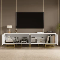 Elegant TV Cabinet with Textured Doors, Golden Handles, Adjustable Feet, Modern TV Stand for Living Room, 160L x 38W x 44.5H cm, White(m-5)