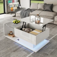 High-Gloss Coffee Table with Adjustable Height and LED Lighting, Tea Table with Tempered Glass Top for Living Room, 100L x 50W x 33H cm, White(m-5)