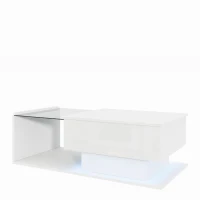 High-Gloss Coffee Table with Adjustable Height and LED Lighting, Tea Table with Tempered Glass Top for Living Room, 100L x 50W x 33H cm, White(m-9)