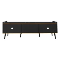 3 Doors TV Cabinet with Raised Edge and Wooden Legs, Media Cabinet for Modern Homes with Children, 160L x 39W x 49.5H cm, Black(m-9)