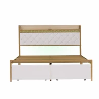 Double Bed Frame with Storage Drawers, RGB LED Headboard, Modern Bed Base for Living Rooms, 207L x 138W x 100H cm, Beige+Chrome(m-11)