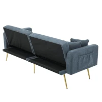 Convertible Sofa Bed with Adjustable Backrest, Sherpa Fabric and Gold Legs, Sleeper Sofa for Compact Rooms, 176L x 64W x 75H cm, Blue(m-11)