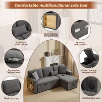 L-Shaped Corner Sofa Bed with Extendable Bed Box, Oxford Fabric Daybed with Integrated Shelf and USB Port, 214L x 131W x 87H cm, Dark Gray(m-5)