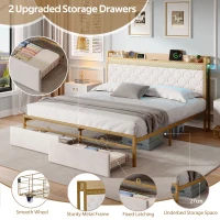 Double Bed Frame with Storage Drawers, RGB LED Headboard, Modern Bed Base for Living Rooms, 207L x 138W x 100H cm, Beige+Chrome(m-6)