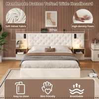 King Bed Frame with Charging Station and Reading Light, Upholstered Bed with Button Tufted Headboard, 207L x 237W x 108H cm, Beige(m-5)
