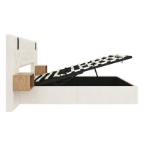 King Bed Frame with Charging Station and Reading Light, Upholstered Bed with Button Tufted Headboard, 207L x 237W x 108H cm, Beige(m-12)