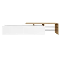 Modern TV Cabinet with Glass Shelves and LED Lighting, High-Gloss Media Cabinet for Living Room, 170L x 33W x 33.5H cm, White+Wood(m-9)