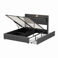 King Bed Frame with Hydraulic Storage and LED Night Light, Linen Upholstered Bed Ideal for Modern Elegance, 202L x 153W x 113H cm, Grey(m-13)