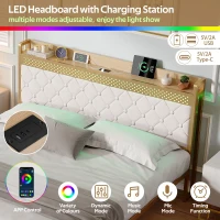 Double Bed Frame with Storage Drawers, RGB LED Headboard, Modern Bed Base for Living Rooms, 207L x 138W x 100H cm, Beige+Chrome(m-7)