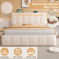 Double Upholstered Bed Frame with Hydraulic Storage and Charging Station, LED Headboard for Modern Homes, 193L x 144W x 116H cm, Beige(m-5)