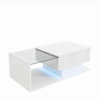 High-Gloss Coffee Table with Adjustable Height and LED Lighting, Tea Table with Tempered Glass Top for Living Room, 100L x 50W x 33H cm, White(m-10)