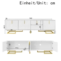 Elegant TV Cabinet with Textured Doors, Golden Handles, Adjustable Feet, Modern TV Stand for Living Room, 160L x 38W x 44.5H cm, White(m-3)
