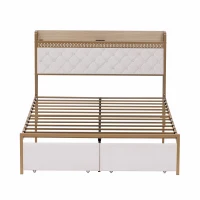 Double Bed Frame with Storage Drawers, RGB LED Headboard, Modern Bed Base for Living Rooms, 207L x 138W x 100H cm, Beige+Chrome(m-2)