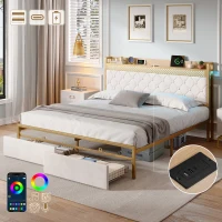 Double Bed Frame with Storage Drawers, RGB LED Headboard, Modern Bed Base for Living Rooms, 207L x 138W x 100H cm, Beige+Chrome(m-4)