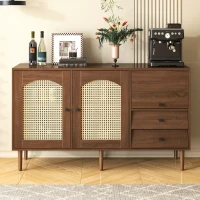 Country-Style Sideboard with Rattan Doors and Adjustable Shelves, Cabinet Ideal for Living Room and Hallway, 130L x 40W x 75.5H cm, Natural(m-6)