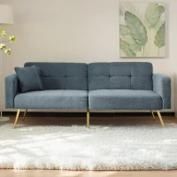 Convertible Sofa Bed with Adjustable Backrest, Sherpa Fabric and Gold Legs, Sleeper Sofa for Compact Rooms, 176L x 64W x 75H cm, Blue(m-4)