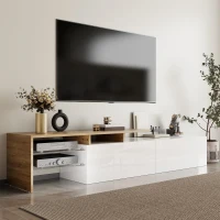 Modern TV Cabinet with Glass Shelves and LED Lighting, High-Gloss Media Cabinet for Living Room, 170L x 33W x 33.5H cm, White+Wood(m-4)