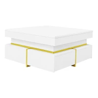 High-Gloss Coffee Table with Gold Accents and Drawers, Tea Table Perfect for Living Rooms and Apartments, 70L x 70W x 35.5H cm, White(m-2)