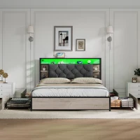 Double Bed Frame with Drawers and RGB LED Lighting, Headboard with Type-C and USB Ports, 207L x 138W x 101H cm, Grey+Rustic Brown(m-1)