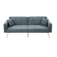Convertible Sofa Bed with Adjustable Backrest, Sherpa Fabric and Gold Legs, Sleeper Sofa for Compact Rooms, 176L x 64W x 75H cm, Blue(m-2)