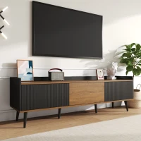 3 Doors TV Cabinet with Raised Edge and Wooden Legs, Media Cabinet for Modern Homes with Children, 160L x 39W x 49.5H cm, Black(m-4)