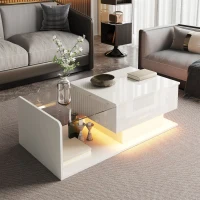 High-Gloss Coffee Table with Adjustable Height and LED Lighting, Tea Table with Tempered Glass Top for Living Room, 100L x 50W x 33H cm, White(m-6)