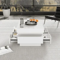 Elegant Coffee Table with High-Gloss Surface, LED Light Strip and 4 Drawers, Side Table Ideal for Modern Elegance, 80L x 50W x 36H cm, White(m-6)