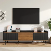 3 Doors TV Cabinet with Raised Edge and Wooden Legs, Media Cabinet for Modern Homes with Children, 160L x 39W x 49.5H cm, Black(m-1)