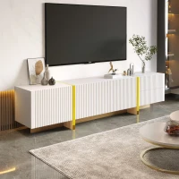 Elegant TV Cabinet with Large Storage, Soft-Close Hinges and Elegant Design, TV Stand for Living and Media Room, 190L x 35W x 45H cm, Gold+White(m-1)
