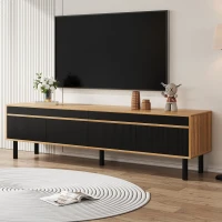 Elegant TV Cabinet with 4 Doors, Striped Design and Wooden Legs, Media Cabinet for Modern Homes, 170L x 38W x 47H cm, Black+Natural(m-1)