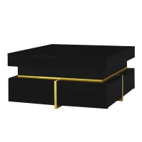High-Gloss Coffee Table with Gold Accents, Drawers and Practical Storage, Side Table Ideal for Modern Elegance, 70L x 70W x 35.5H cm, Black(m-2)