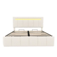 Double Upholstered Bed Frame with Hydraulic Storage and Charging Station, LED Headboard for Modern Homes, 193L x 144W x 116H cm, Beige(m-2)