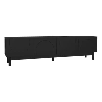 Pure Black TV Cabinet with Curved Doors and Shelves, Stabilising Legs, Modern TV Stand for Organised Homes, 169L x 34W x 45.5H cm, Black(m-6)