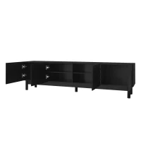 Pure Black TV Cabinet with Curved Doors and Shelves, Stabilising Legs, Modern TV Stand for Organised Homes, 169L x 34W x 45.5H cm, Black(m-7)