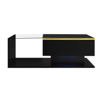 High-Gloss Black Coffee Table with Tempered Glass Top and LED Lighting, Tea Table Perfect for Modern Elegance, 90L x 50W x 32.5H cm, Black(m-2)